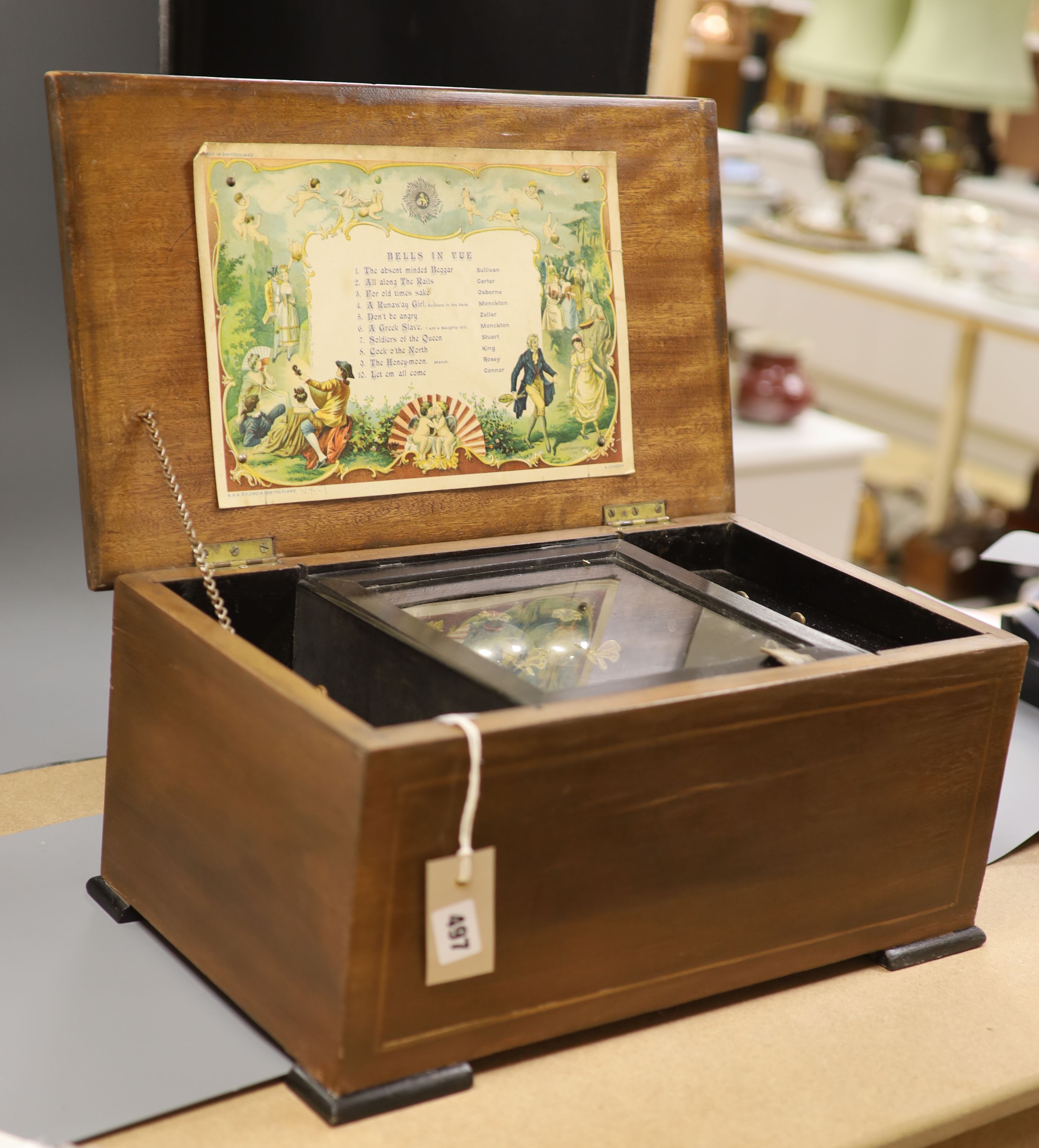 A late 19th century Swiss 10 air music box with butterfly strikers, barrel length 16.5cm